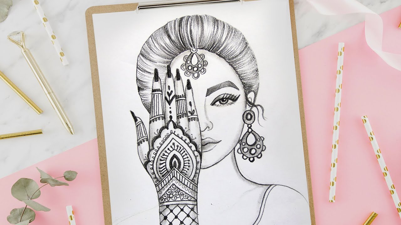 How to Draw a Beautiful Traditional Girl with Mehndi | Bride Drawing | Pencil Drawing