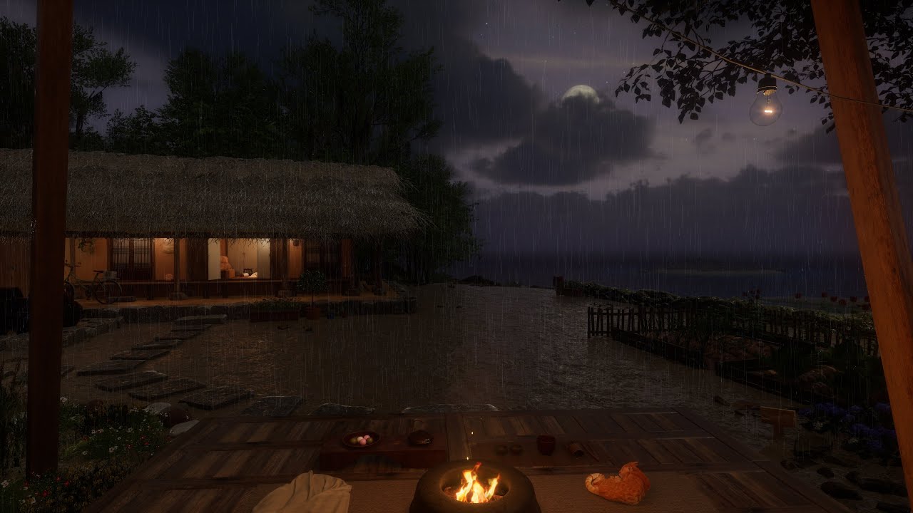 Rainy Spring Night Ambience at a Rustic Island Cottage | Rain, Crackling Fire, Distant Wave Sounds