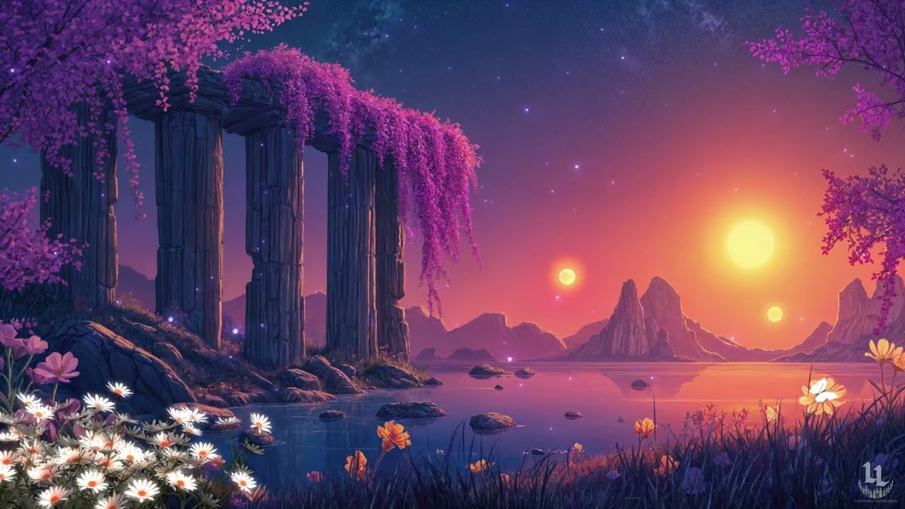 Otherworldly Ruins at Sunset: Dreamy Animated Scene with Relaxing Music 🌅🏛️