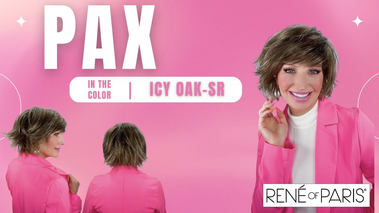 PAX Wig by Rene of Paris in the color Icy Oak SR. A layered bob with feathered full fringe