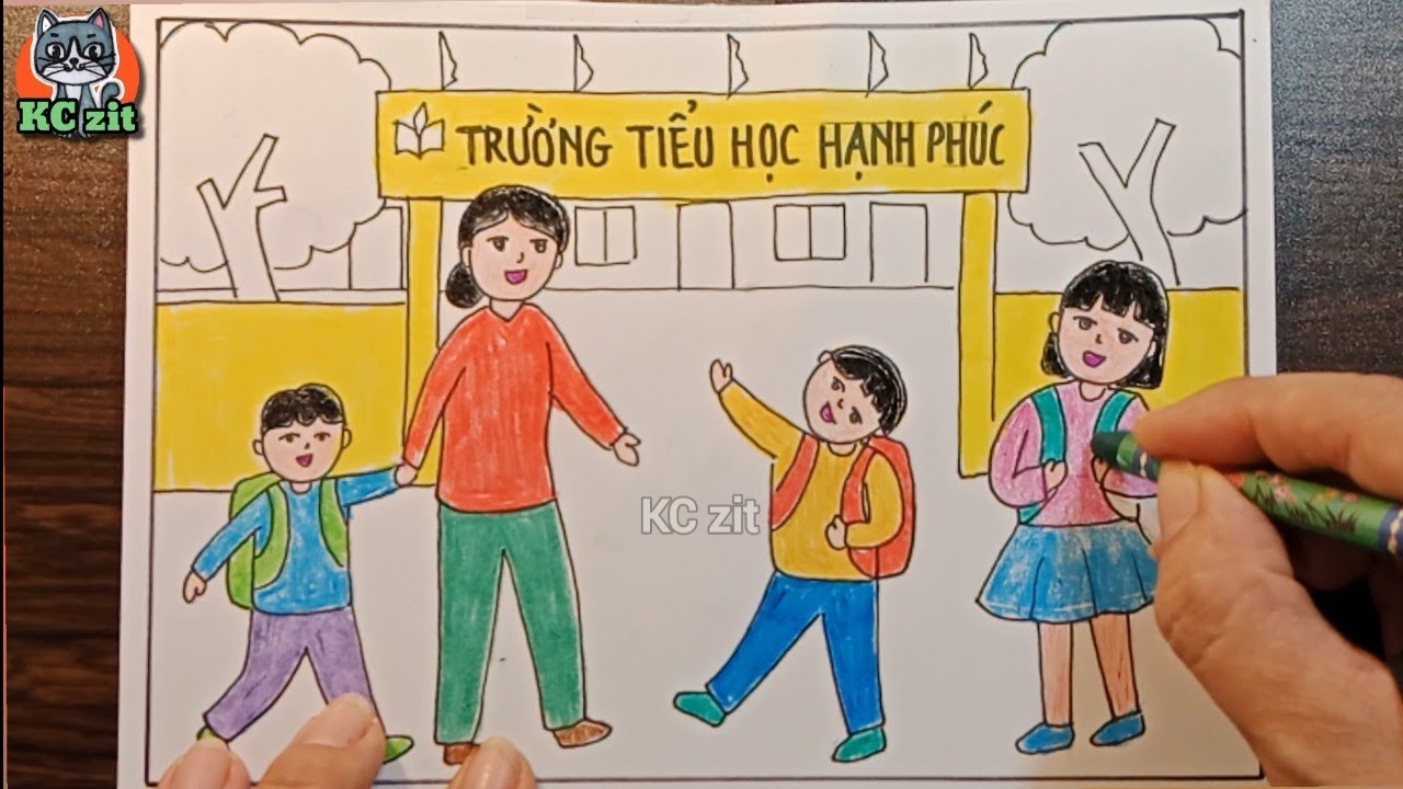 Cổng trường nhộn nhịp - vẽ cổng trường nhộn nhịp mĩ thuật lớp 2 - vẽ trường học hạnh ph&uacute;c - KC zit