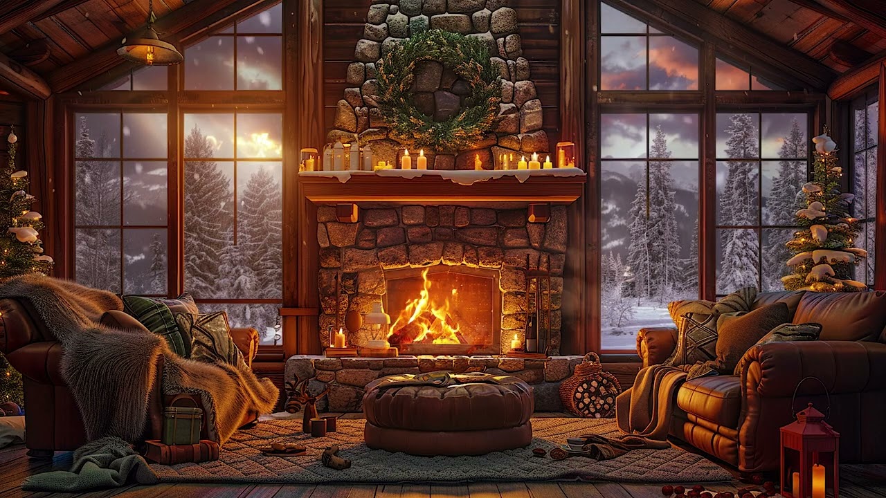 Snowy Night Cabin Fireplace 🔥 Cozy Winter Ambience for Deep Sleep, Peace & Relaxation