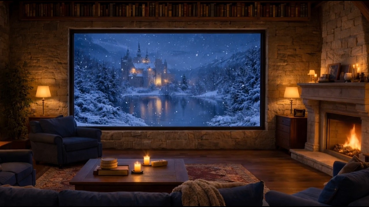🔥 Cozy Fireplace Snowfall | Moonlit Castle Lake View, Piano & Cello