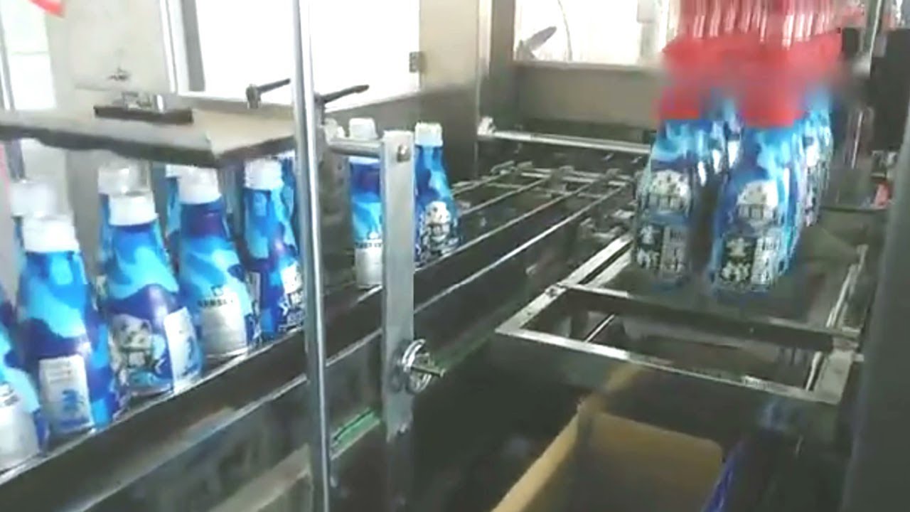 Spider robot pickup feeding drinking bottles into cartons system for end packaging line