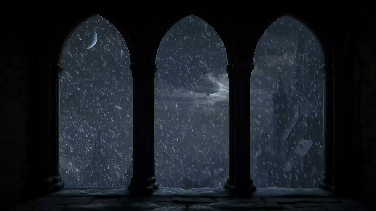 (No Ads) Old Snowy Medieval Village at Night – Window Ambience