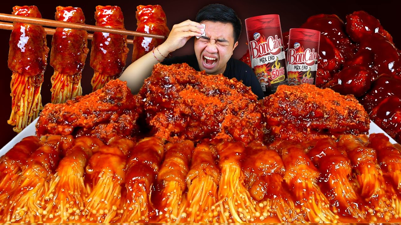 MUKBANG JAMUR ENOKI BEEF ROLL + AYAM RICHEESE LEVEL 5 DISIRAM BON CABE LEVEL 50