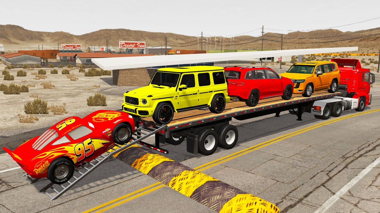 Flatbed Truck McQueen | Transportation with Truck - Pothole vs Car #17 | BeamNG.Drive Gameplay