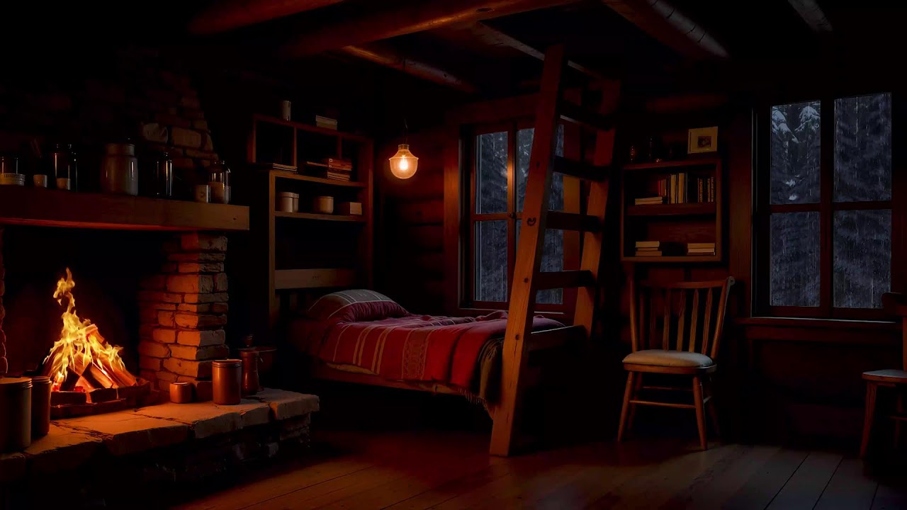 Cozy Cabin Ambience - Rain and Fireplace Sounds at Night 12 Hours for Sleeping, Reading, Relaxation