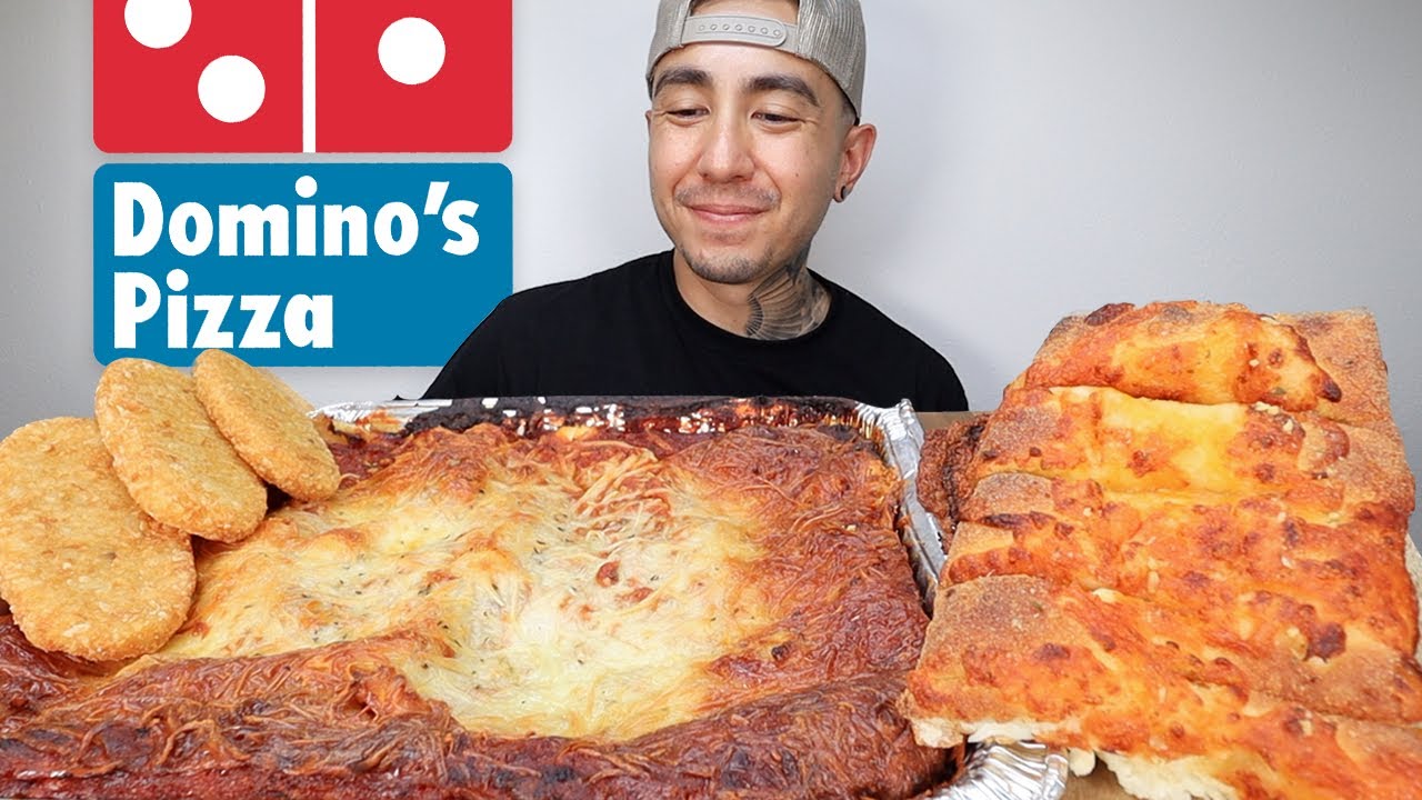 MUKBANG EATING Cheesy Lasagna, Hash Browns, Domino's Stuffed Cheese Bread