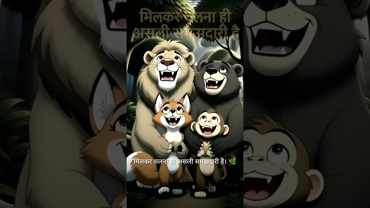 “चार जानवर और एक सीख | जंगल की मज़ेदार कहानी 🦁🐻🐒🦊”