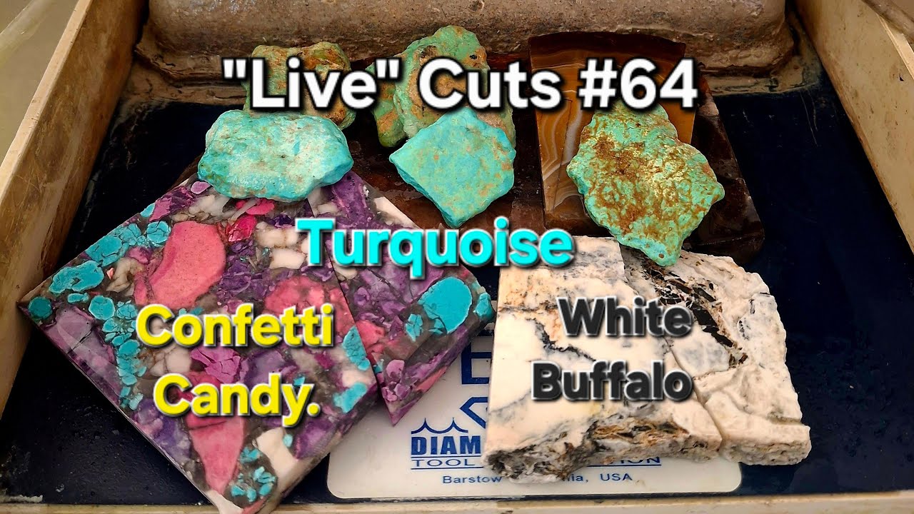 Sir RocksAlot is live! Lets Cut N°64 White Buffalo, Confetti Candy, Turquoise Opal #rocks #art #chat