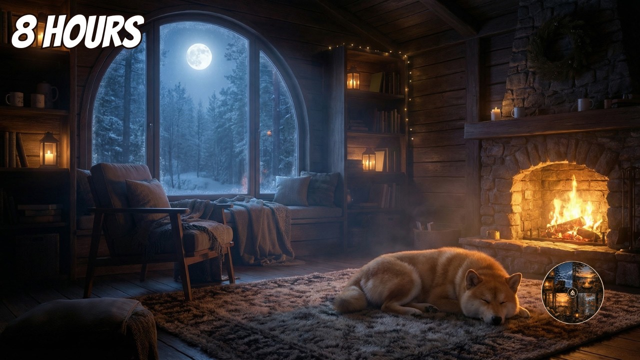 Full Moon Fireplace Night 🐕 Cozy Dog Ambience for Deep Sleep (8 Hours)