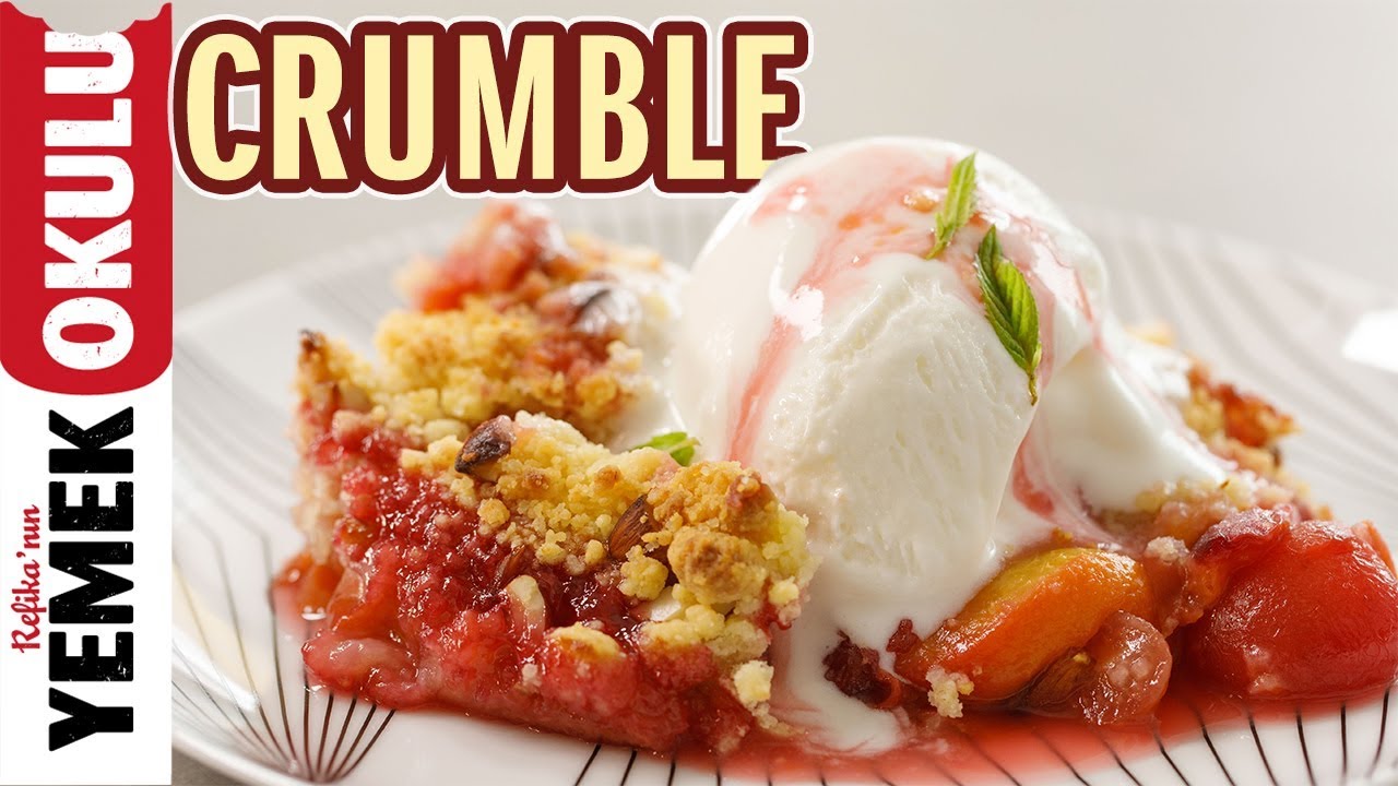 Şeftali ve Kirazlı Crumble Tarifi | Üzerinde Bademli Kırıntı ve Dondurması ile Kolay Tatlı Tarifi