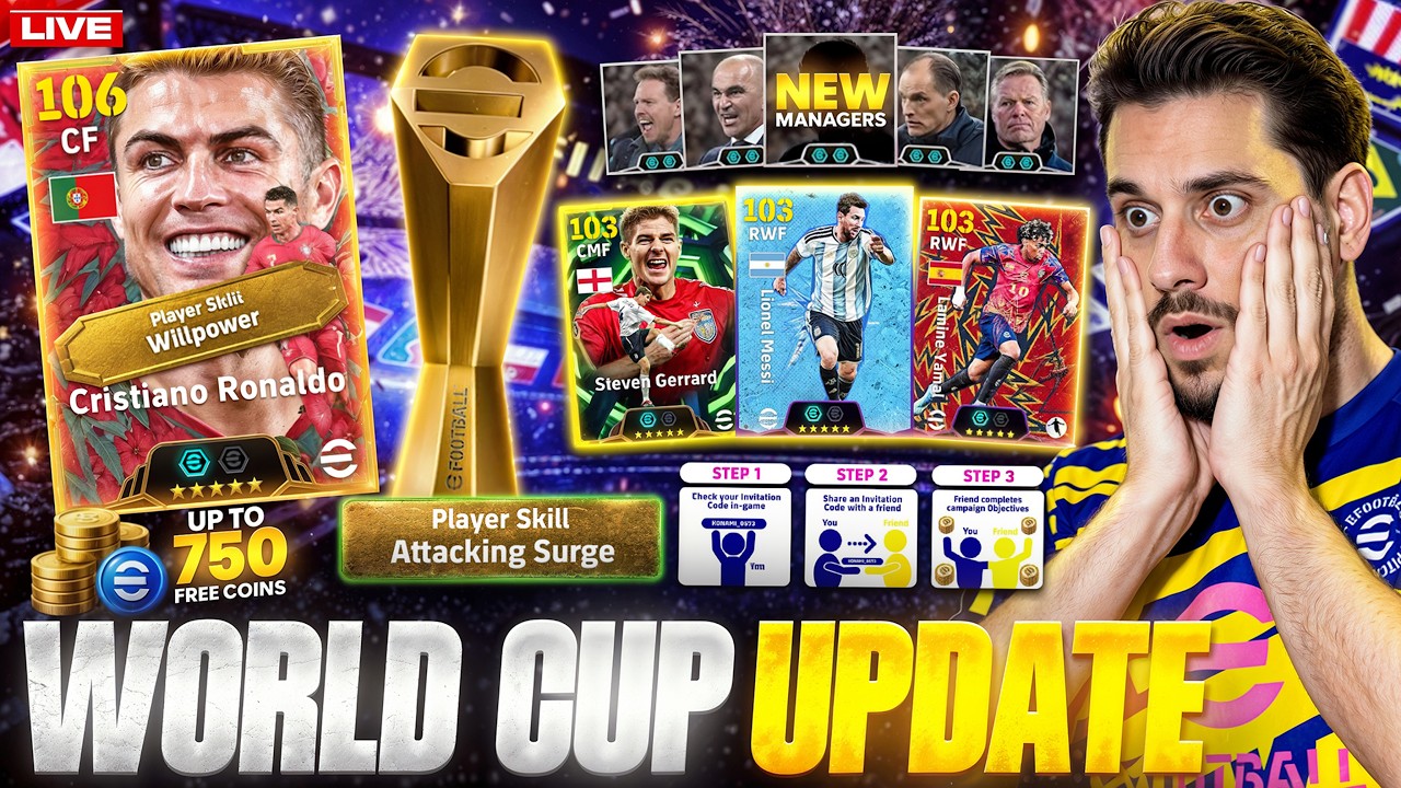 THE WORLD CUP UPDATE WITH C. RONALDO IS HERE 🔥 FREE EPICS 🎁 NEW +90 MANAGERS 🥼eFootball v5.5.1 LIVE