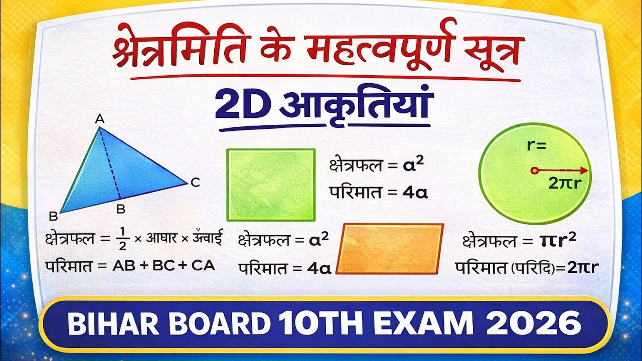 क्षेत्रमिति के महत्वपूर्ण सूत्र | 2D आकृतियाँ | Bihar Board 10th Exam 2026 | Maths