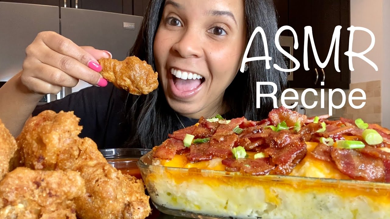 ASMR CHICKEN WINGS MUKBANG + BAKED POTATO CASSEROLE RECIPE- WHISPERING