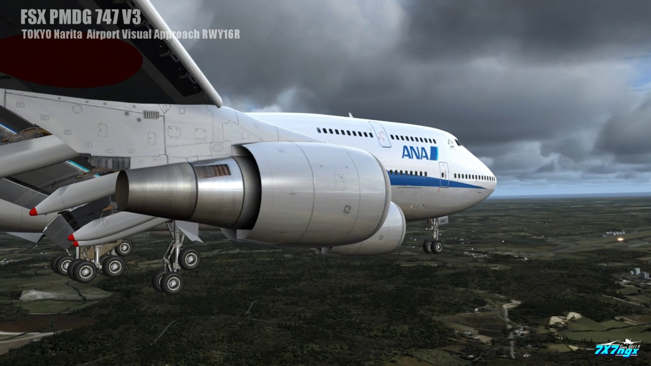 FSX PMDG 747 V3  Tokyo Narita Visual Approach RWY16R