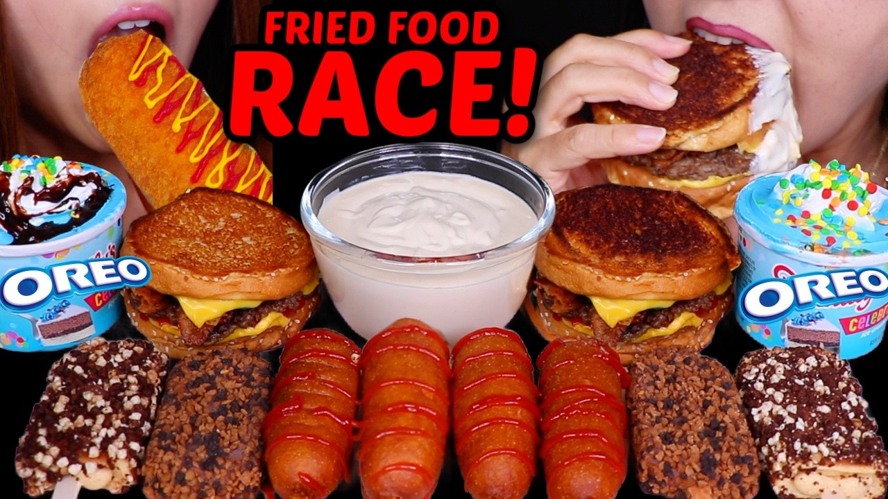 ASMR RACE FRIED FOOD FEAST! Birthday cake ice cream, Bacon cheeseburgers, Crunchy corn dogs 먹방