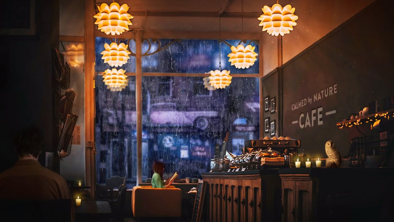 Rainy Night at the Coffee Shop Ambience - 8 Hours of Rain Sounds, Jazz Music, Background Chatter