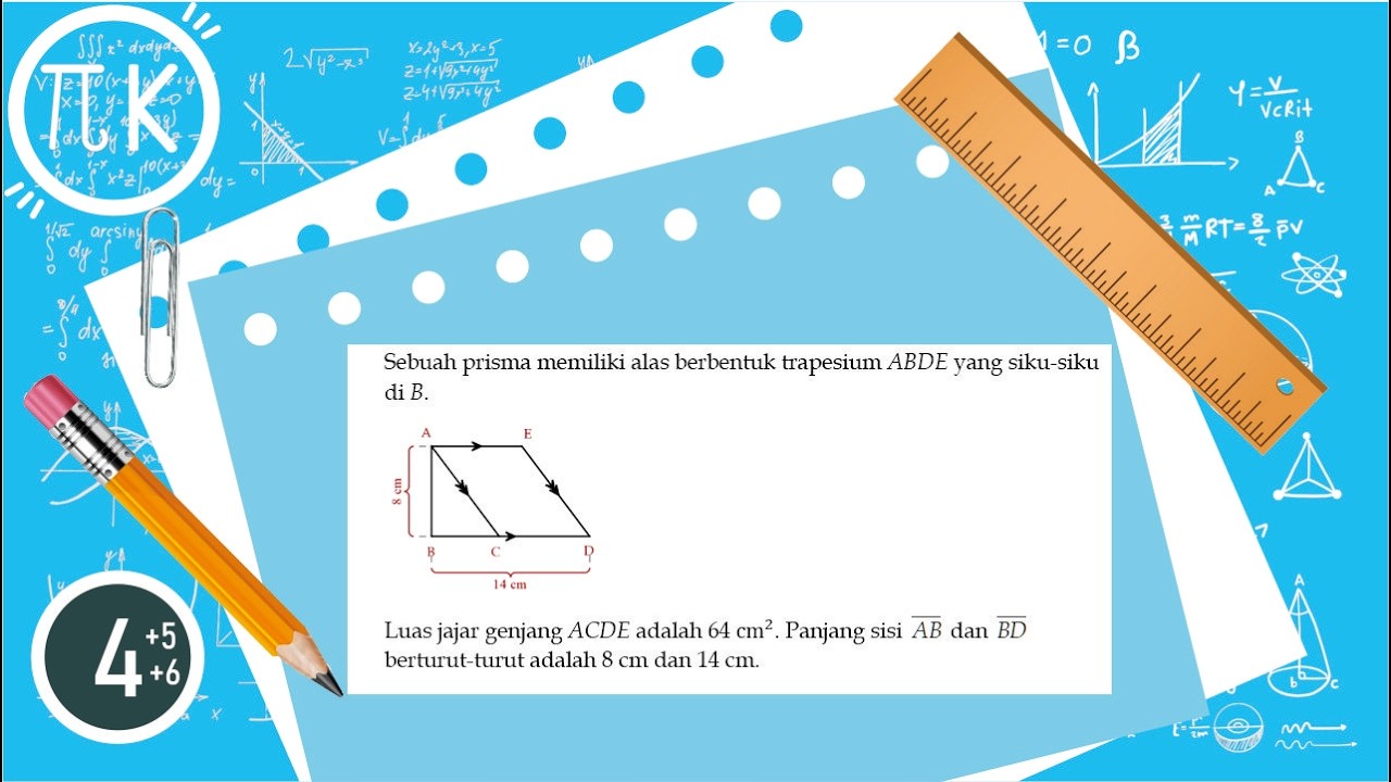 Prisma memiliki alas berbentuk trapesium ABDE yang siku-siku di B. Luas jajar genjang ACDE 64 cm^2.