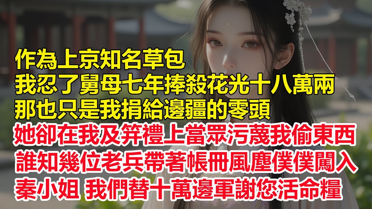 作為上京知名草包，我忍了舅母七年捧殺，花光十八萬兩，那也只是我捐給邊疆的零頭，她卻在我及笄禮上當眾污蔑我偷東西，誰知幾位老兵帶著帳冊風塵僕僕闖入，秦小姐我們替十萬邊軍謝您活命糧...