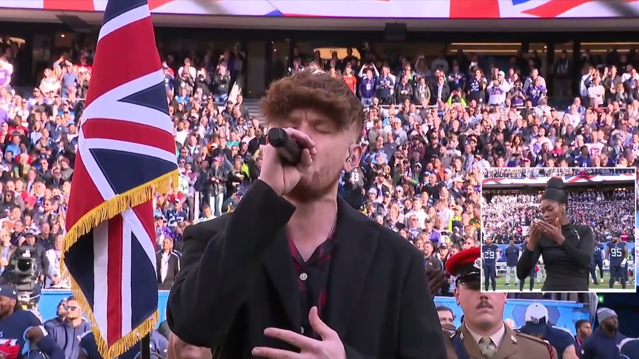 Jordan Harvey sings the Great Britain National Anthem for the Ravens and Titans in London