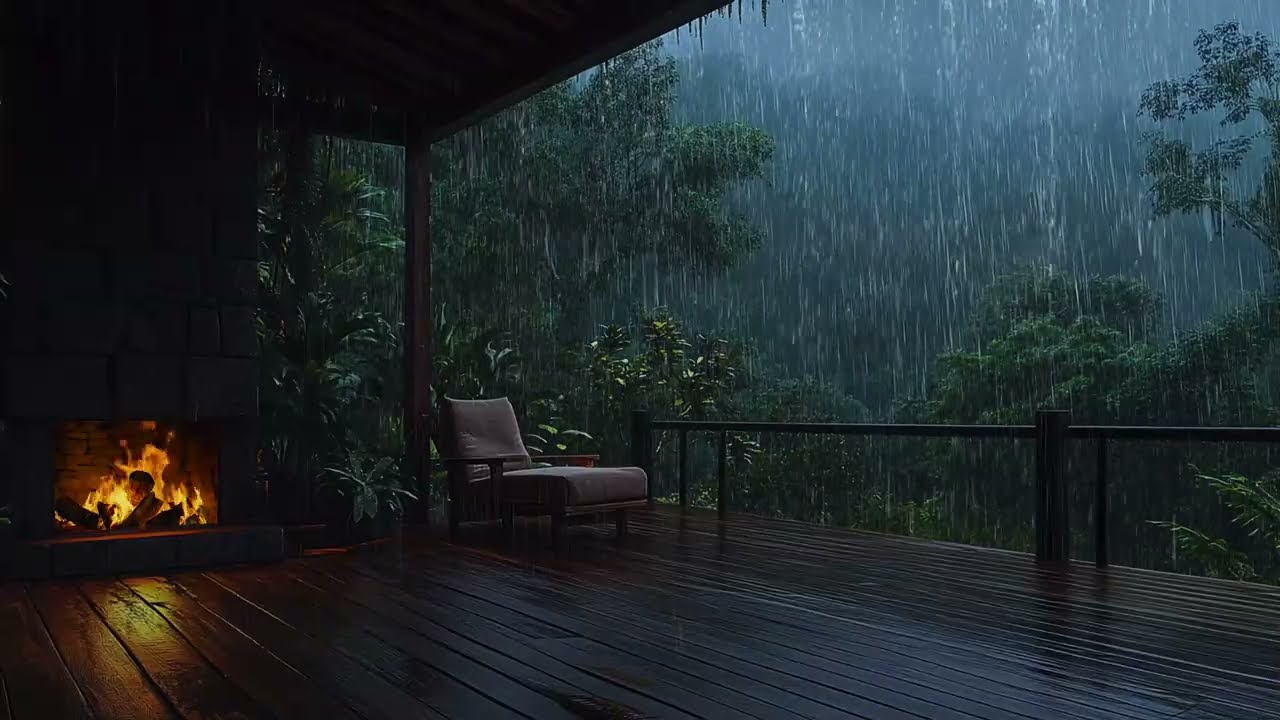 Purify Your Mind with Heavy Rainforest Rain & Warm Fire | Secluded Jungle Veranda