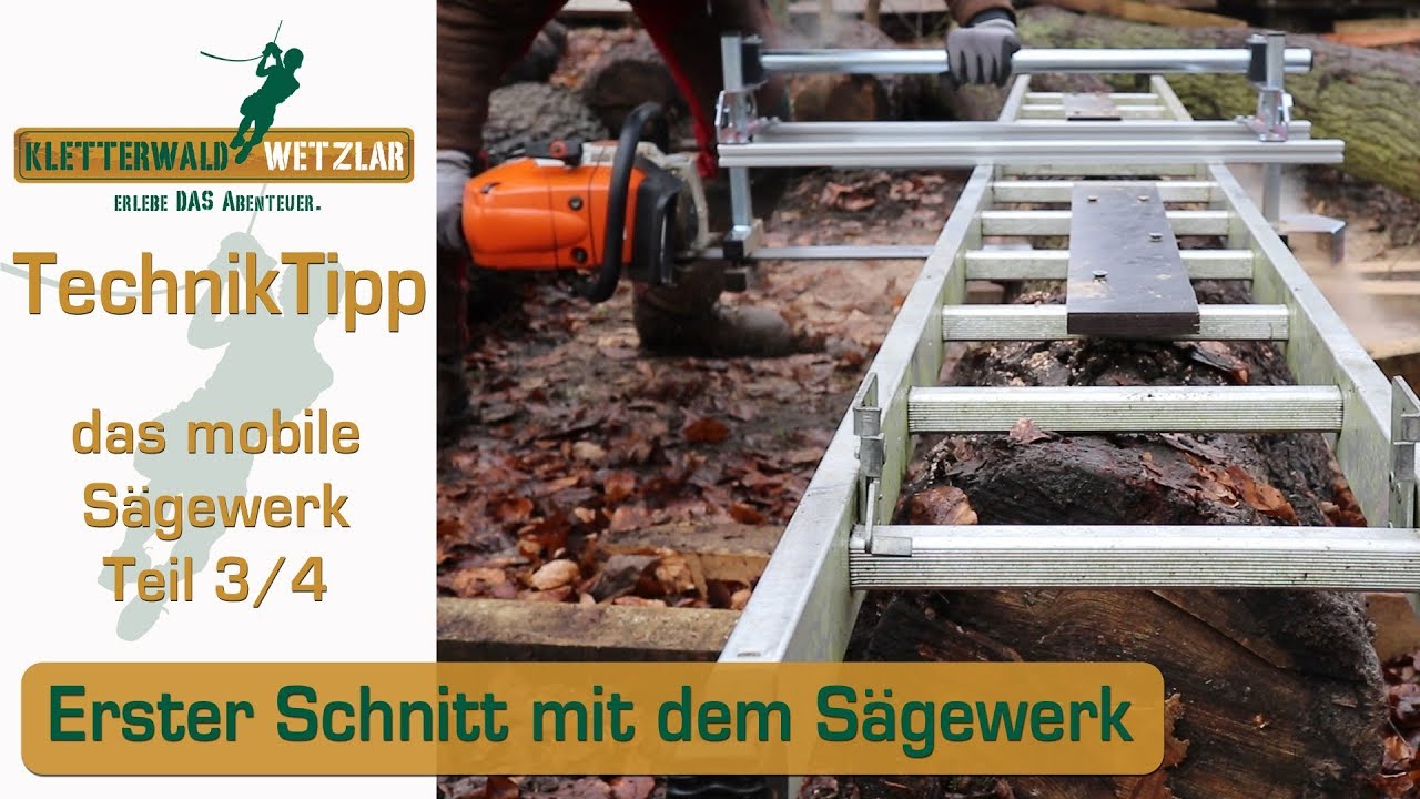 Goodtool MS261 mit Stihl MS441 erster Schnitt über Leiter mit dem mobilen Sägewerk chainsaw mill