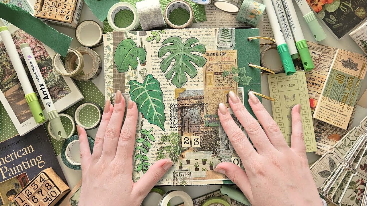 ASMR Scrapbook With Me | Plant Theme | Relaxing Stationery Sounds | No Talking