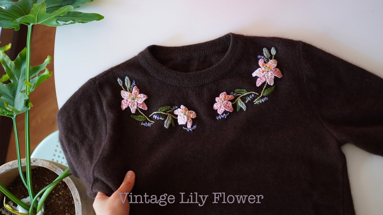 SUB) 빈티지 백합 꽃 프랑스 자수, 니트 꾸미기 Vintage Lily Flower Hand Embroidery