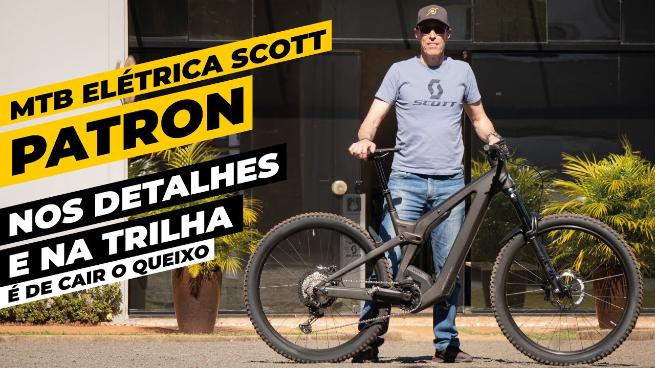 Mountain bike elétrica Scott Patron nos detalhes e nas trilhas. Pedaleria