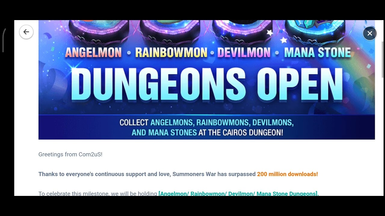 😇[Event] 200M Downloads Special! [Angelmon/ Rainbowmon/ Devilmon/ Mana Stone Dungeon] Open Event😇 SW