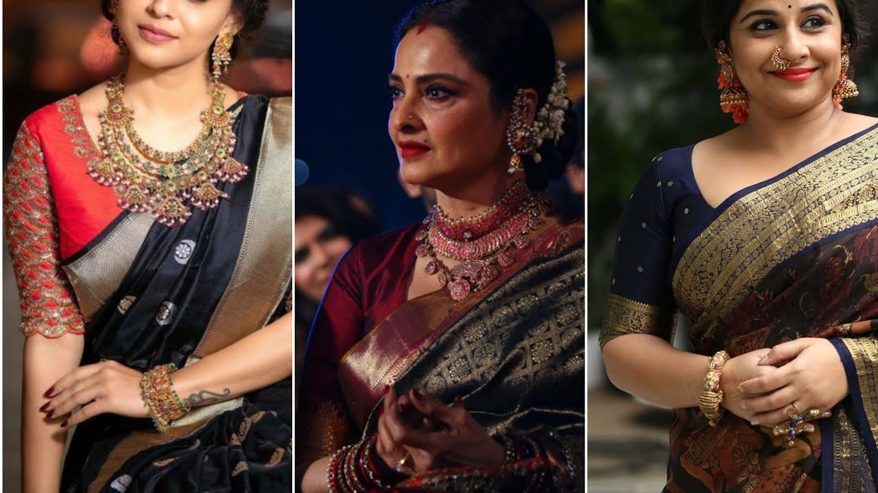 Beautiful BLACK kanjiveram Saree with blouse designs - how to style banarasi saree  ideas