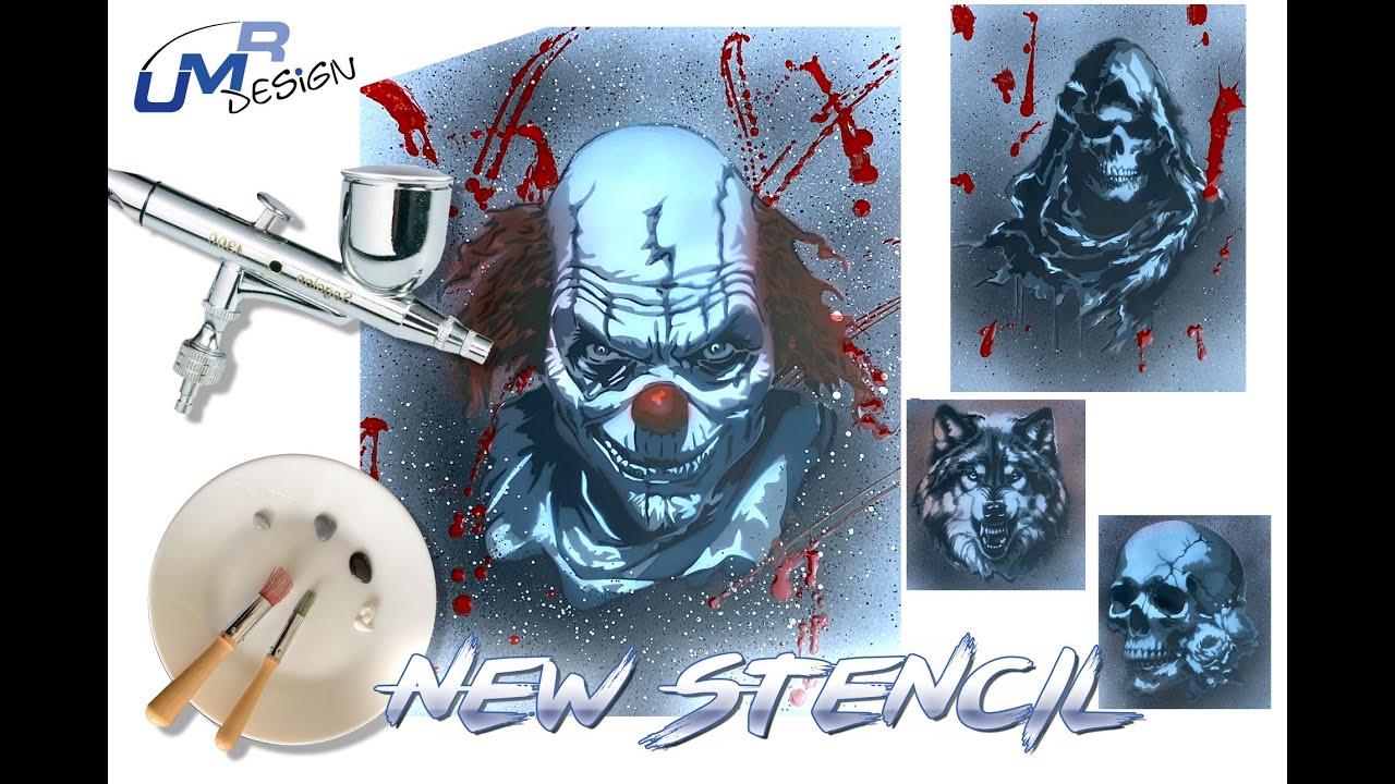 Tutorial Multilayer Stencil Grim Reaper, Scary Clown with Airbrush Step by Step also for beginner