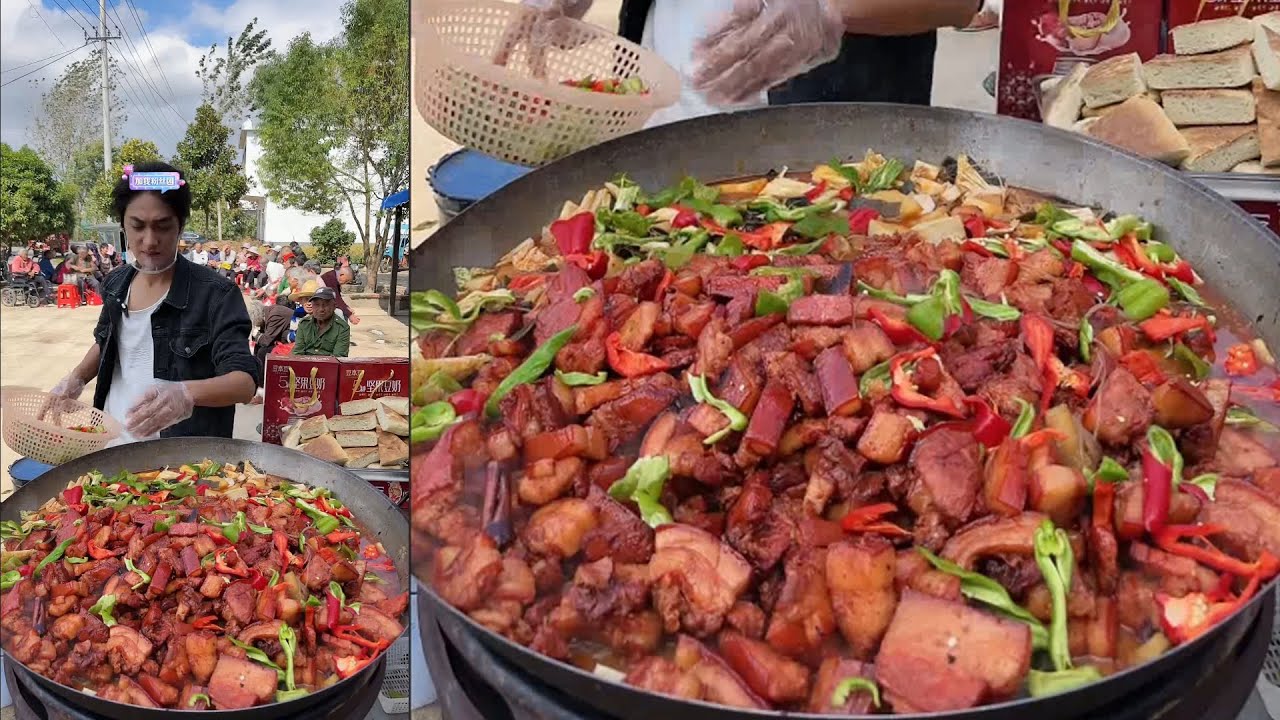 A Handsome Chinese Guy Cook Free Meals / Pork Noodles Food for the old on the Street in a Village
