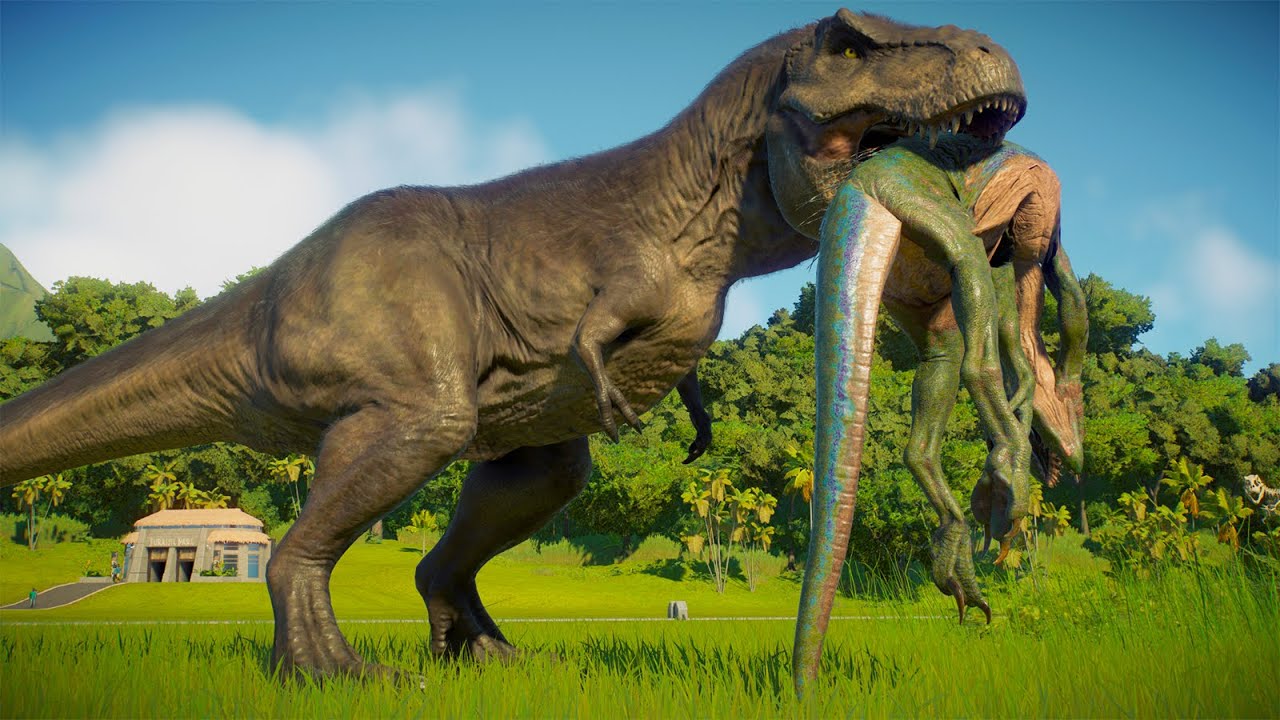 TYRANNOSAURUS REX vs CARNIVORES AND HERBIVORES DINOSAURS BATTLE - Jurassic World Evolution 2