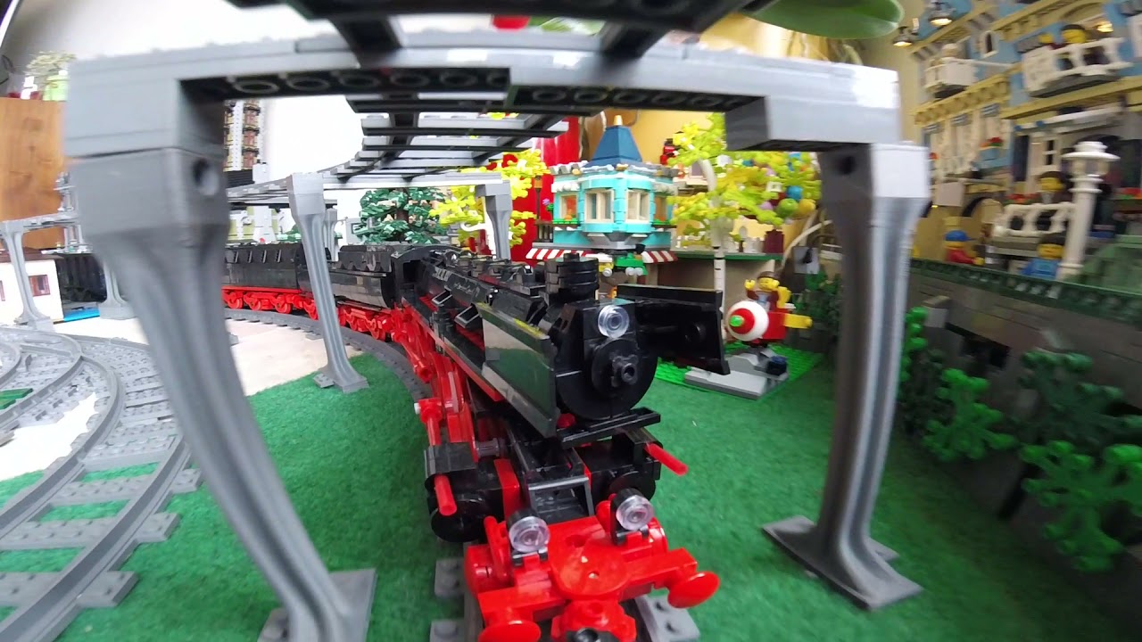XXL LEGO Train & Railway 90m Layout: BR 52 with dual tender and super long cargo train [GoPro]