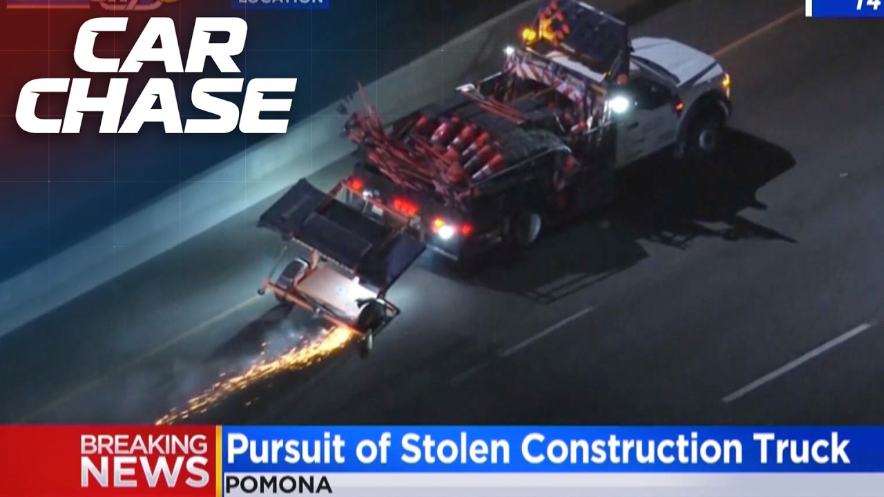 Stolen Construction Truck Spews Sparks during strange police pursuit!