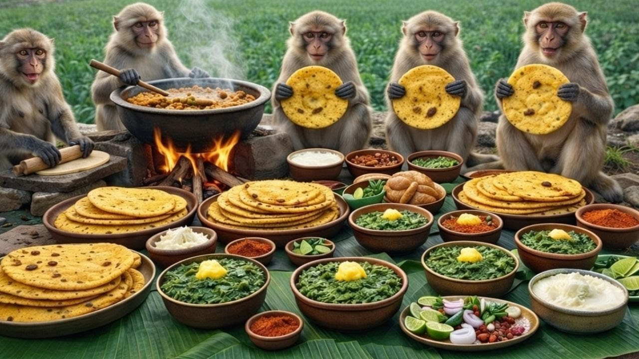 बंदरों ने बनाया Sarson Ka Saag और मक्के की रोटी 🥬| Monkeys Winter Special—Ultimate Desi Taste!
