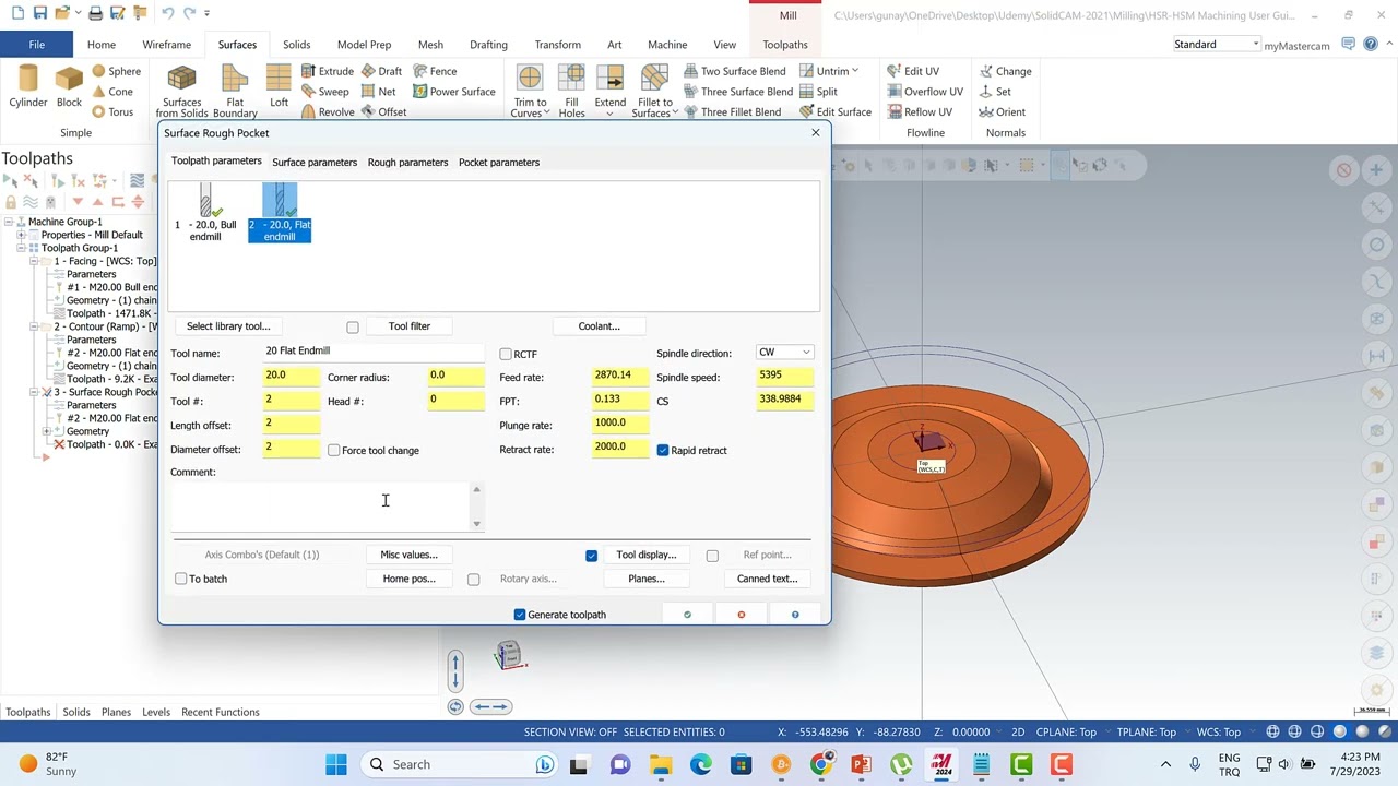 Mastercam Surface Rough Toolpath by using Revoled surface