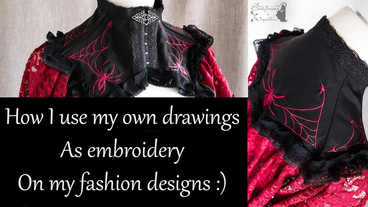I designed my own embroidery pattern, Goth Halloween capelet, Somnia Romantica