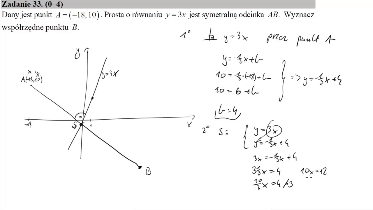 Matura podstawowa z matematyki maj 2019 zadanie 33 Dany jest punkt A=(−18,10) Prosta o równaniu y=3x