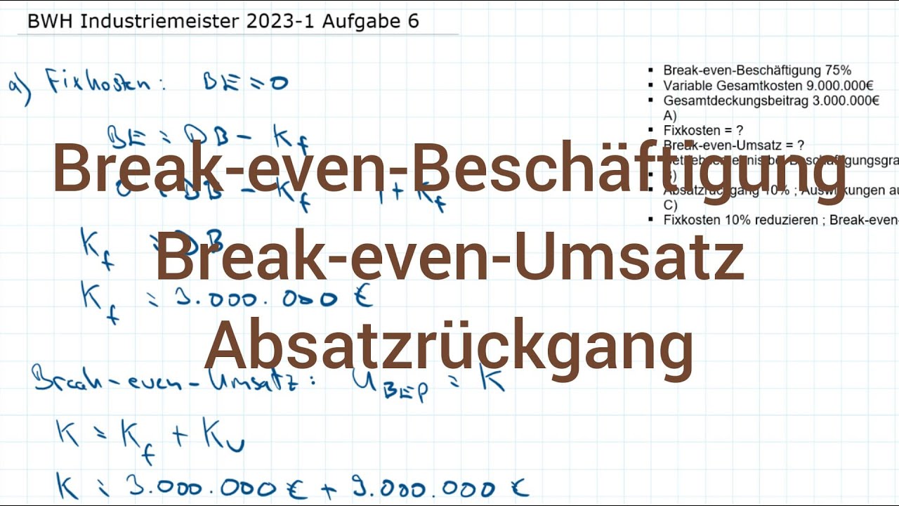 BWH Industriemeister Metall 2023-1 Fr&uuml;hjahr Aufgabe 6 - Break-even-Besch&auml;ftigung, Break-even-Umsatz