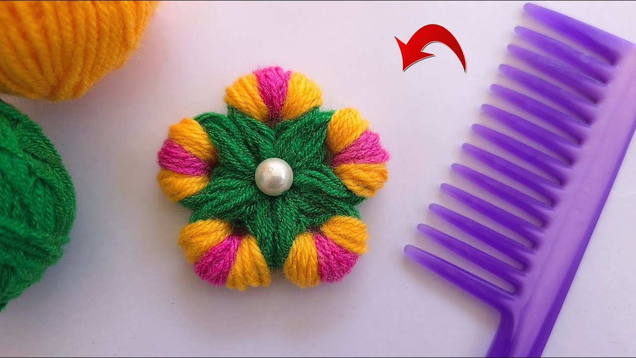 Super Easy Woolen Flower Making using Comb - Hand Embroidery Flower Making Trick - DIY Wool Craft