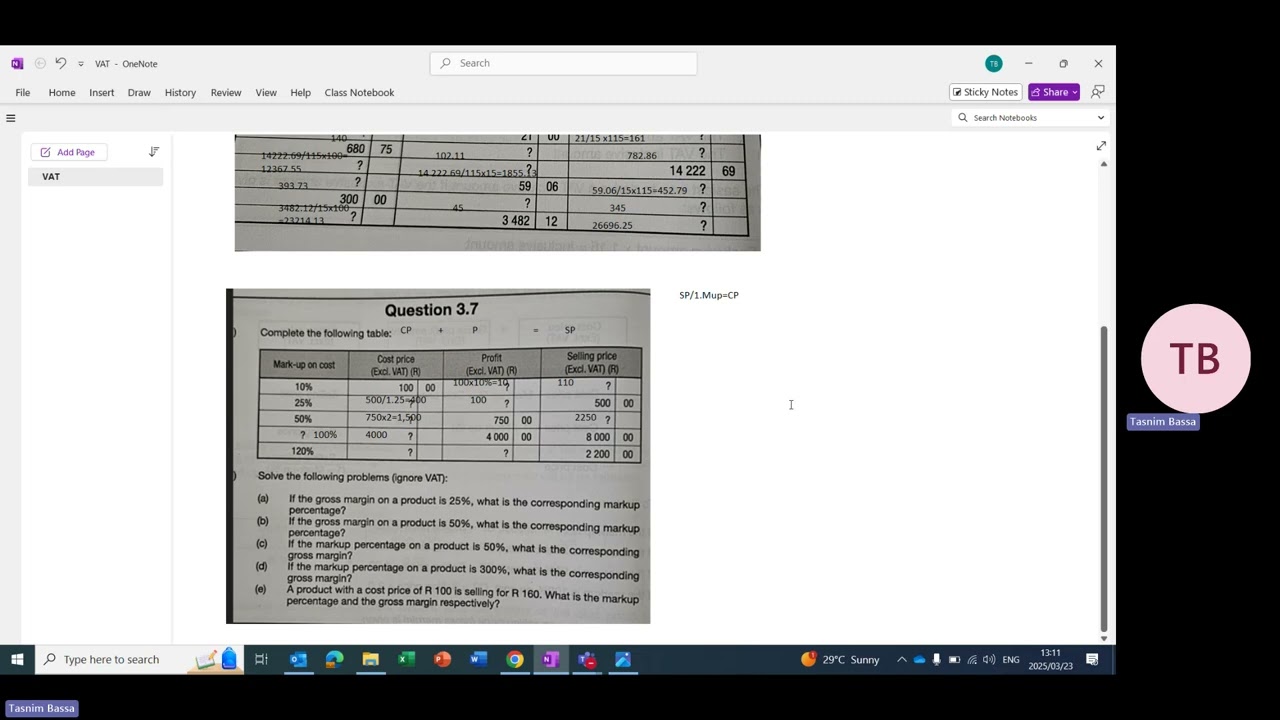 Mark up on cost and gross margin Q3.7 Part1