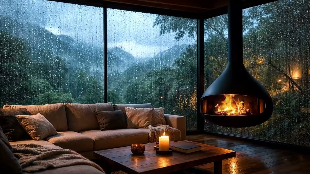 Thunderstorm with Lightning, Rain, Crackling Fireplace & Mountains in a Cozy Cabin