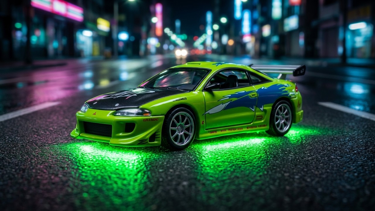 1/64 ミニカー　道路動画 ワイルドスピード　アンダーネオン グリーンMITSUBISHI ECLIPSE　三菱　エクリプス