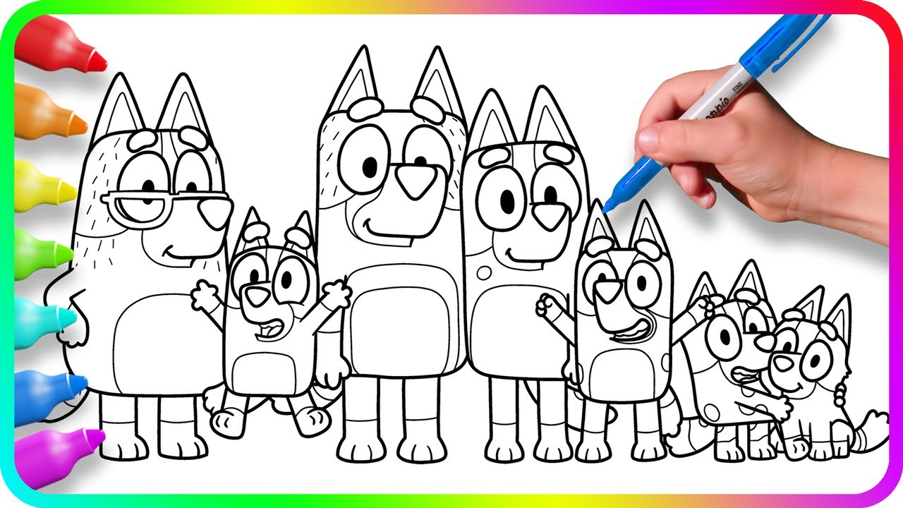 BLUEY Coloring Pages / How to color Bluey with Family. Bingo, Bandit, Chilli characters