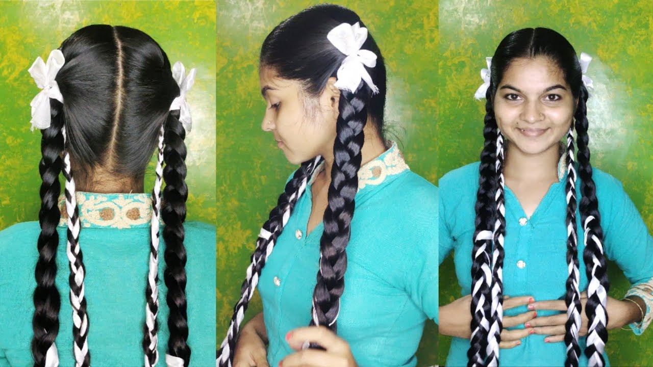 easy twins ribbon braid making | long hair   perfect braid |  hair style | cg