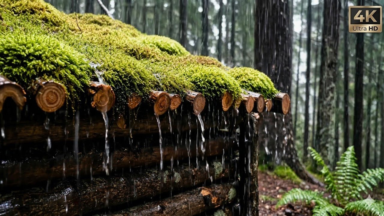 Rain on Moss Roof Shelter • Deep Forest Rain Sounds for Sleep | 4K ASMR